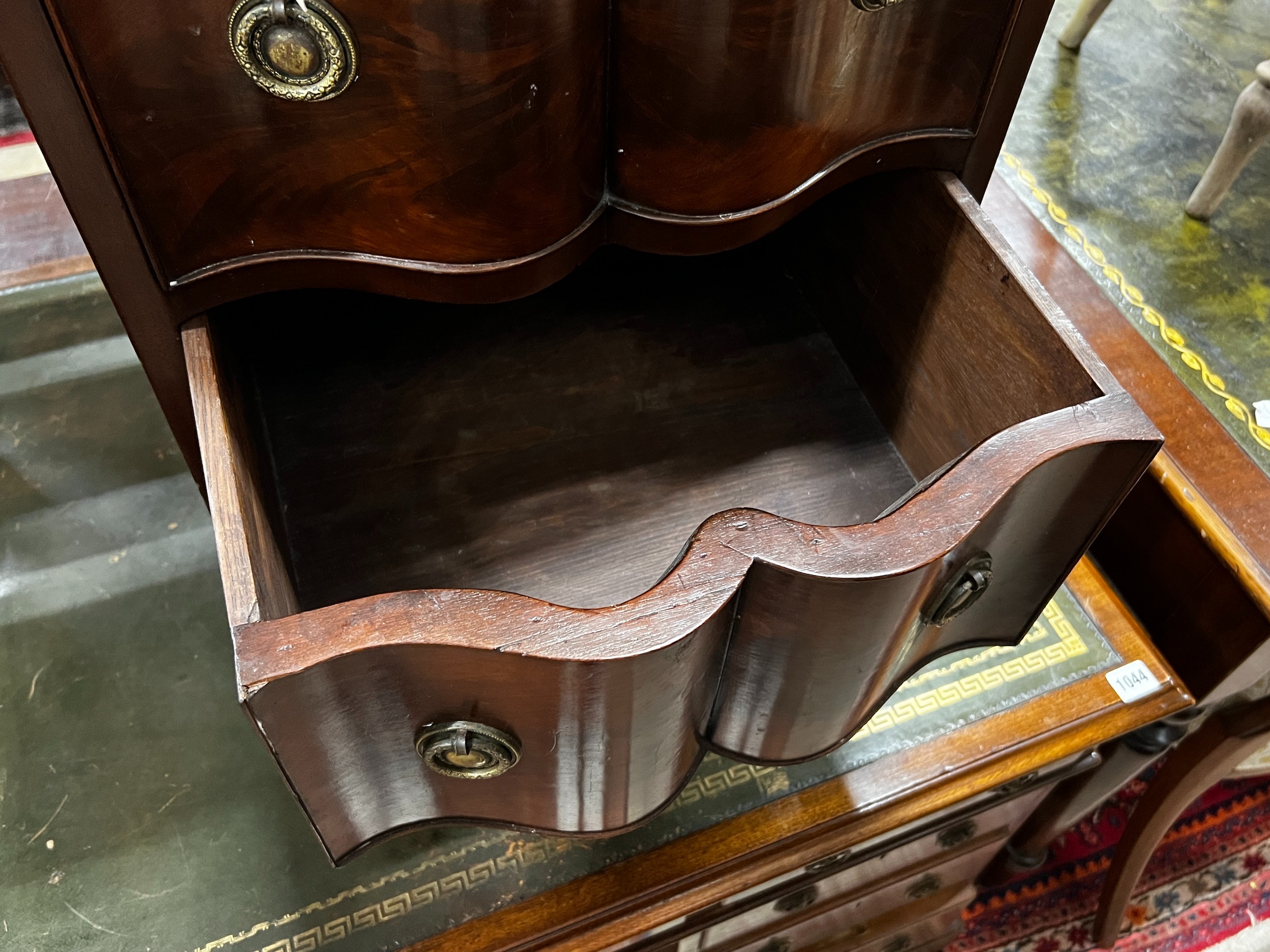 A small reproduction mahogany three drawer chest, width 45cm, depth 45cm, height 74cm